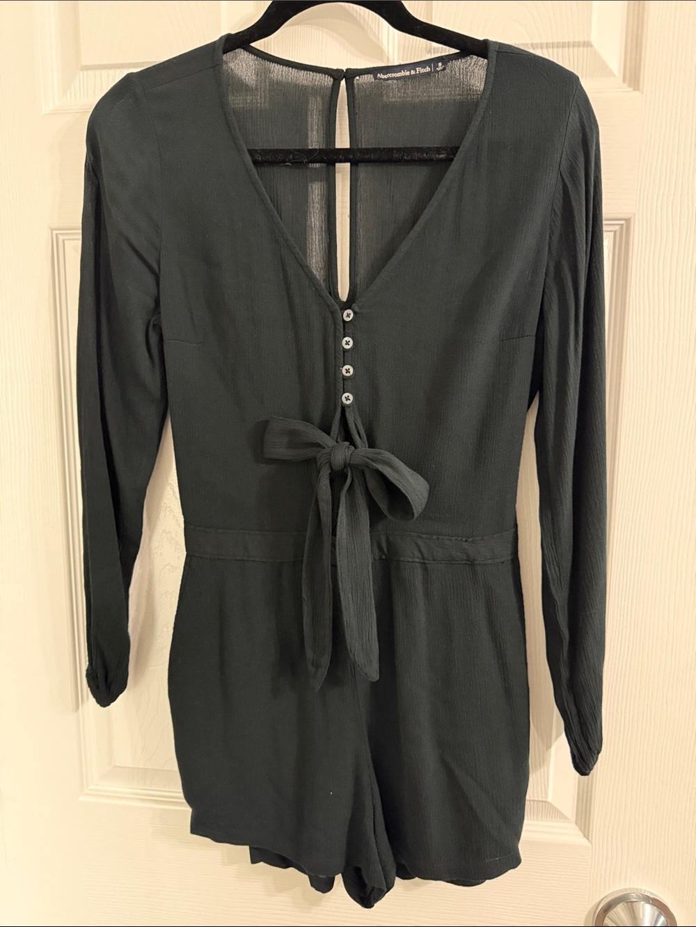 Abercrombie & Fitch Black Linen Long-Sleeve Tie-Front Romper- S